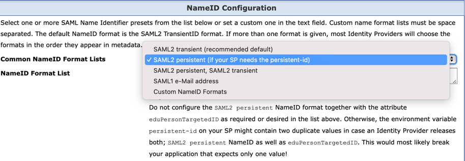 Pick SAML2 persistent in the NameID Configuration Section in the Resource Registry